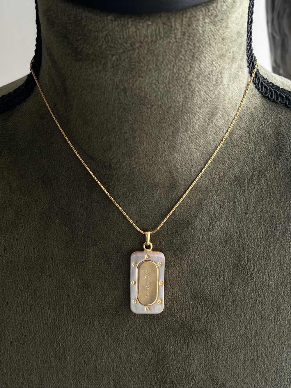 Authentic Vintage Dior Two-Tone Gold and Silver Rectangular Pendant Necklace - Picture 2 of 4